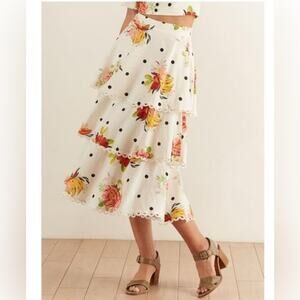 Farm Rio Anthropologie Nanaju Midi Skirt | White | Size Medium | Boho Chic
